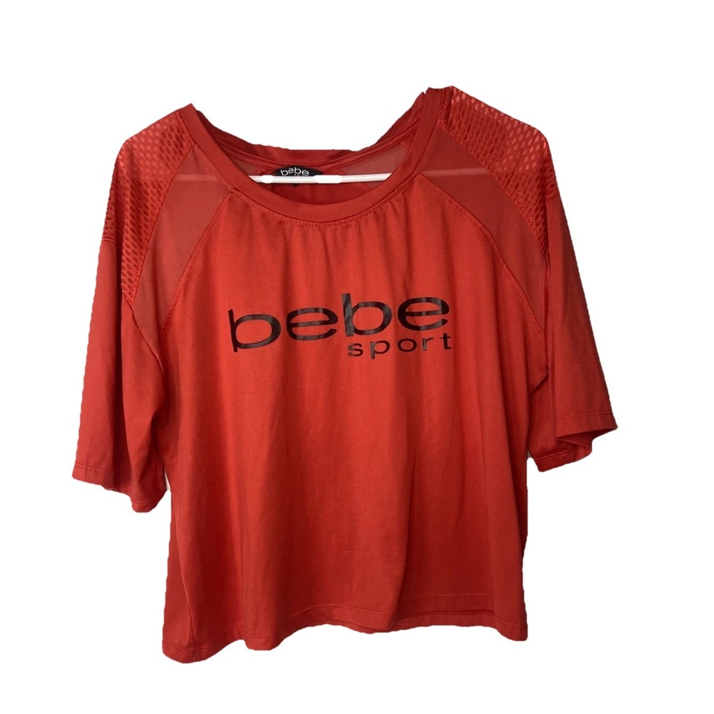 Bebe Sport Womens Red Mesh Panel Logo Graphic Cropped T-Shirt Size‎ Large